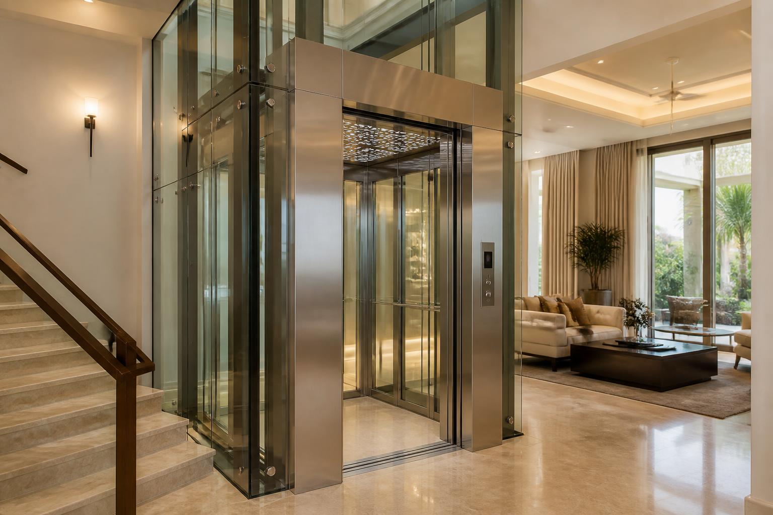 Modern home elevator inside an elegant duplex villa in Chennai